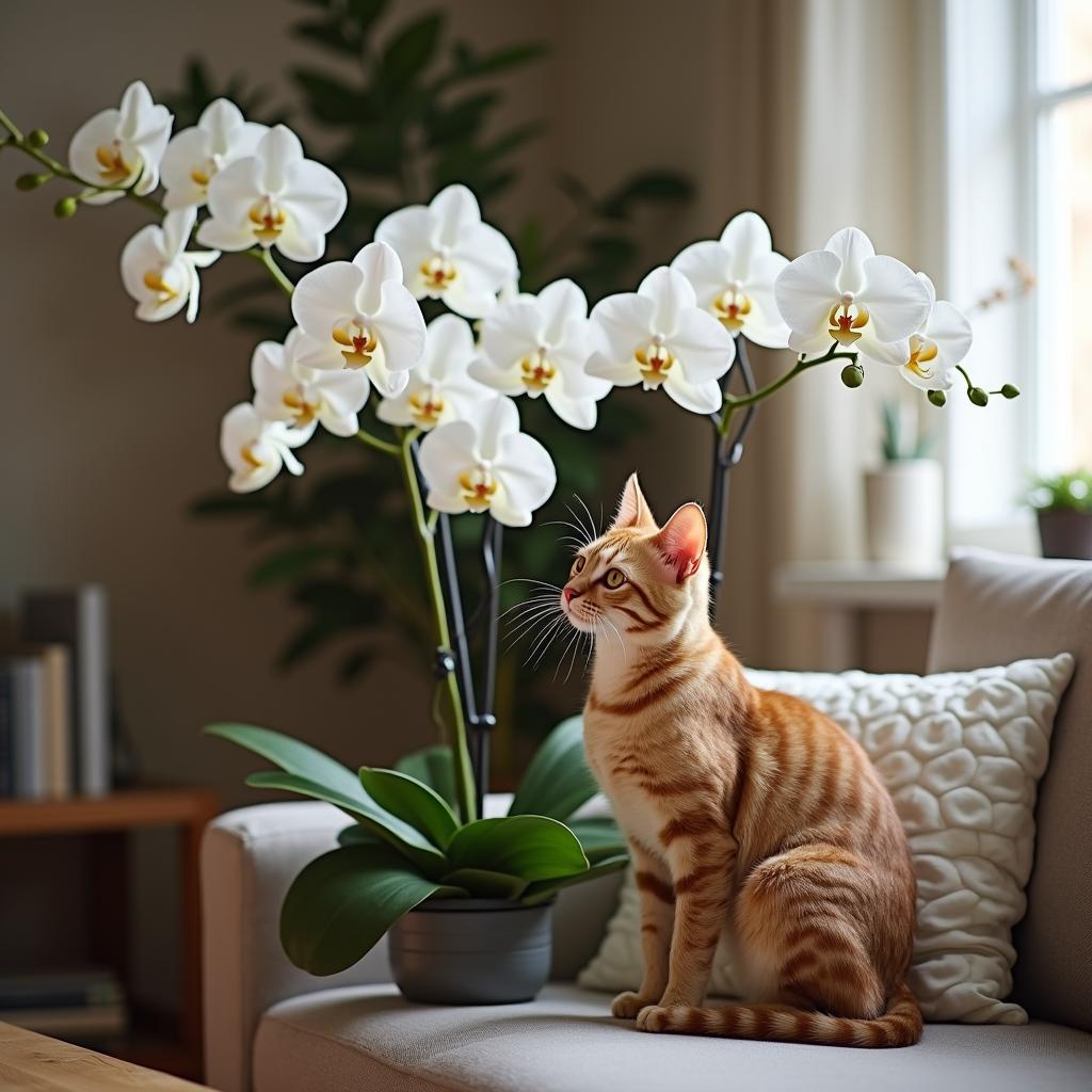 cat near Orchid arrangement in living room Are Orchids Toxic to Cats? 