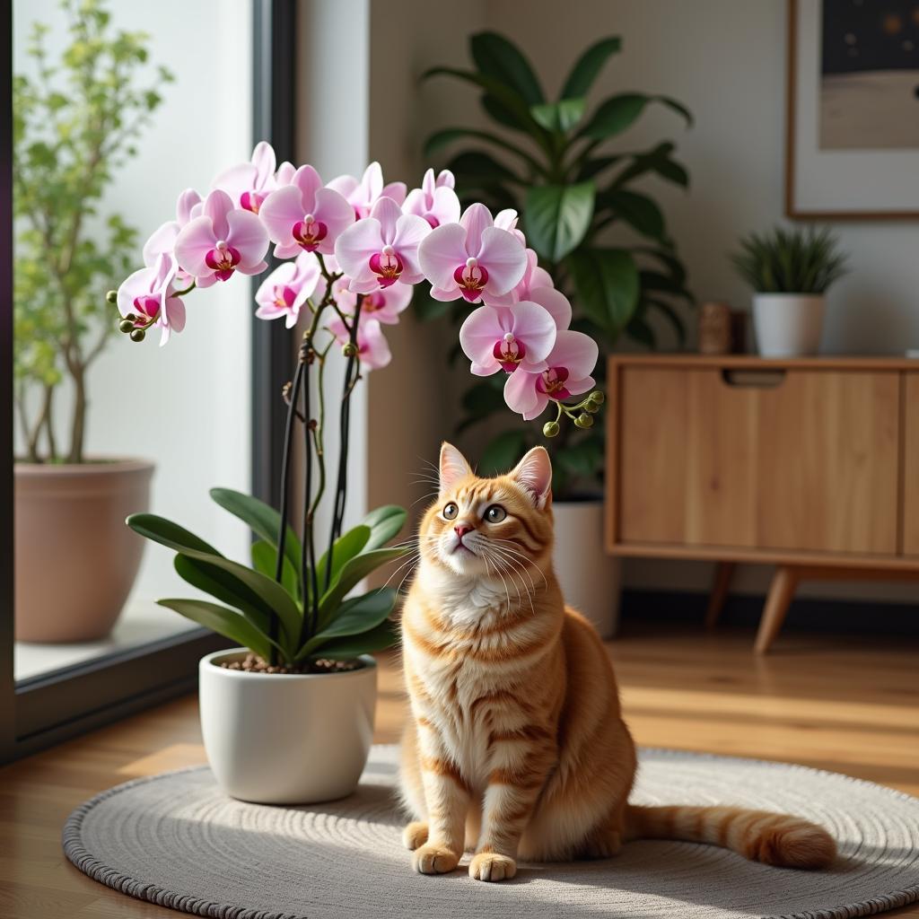 cat near Orchid arrangement in living room Are Orchids Toxic to Cats? 