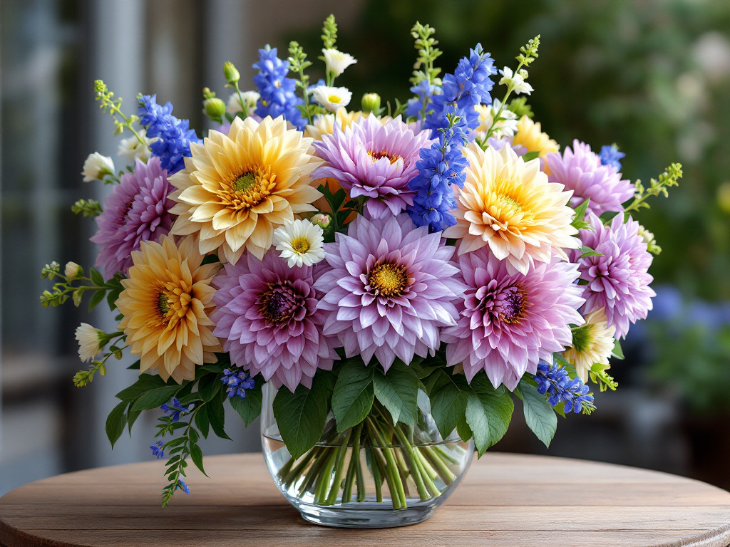 Dahlias typically have a robust structure; therefore, they should be placed strategically among taller, thin flowers, such as snapdragons or delphiniums