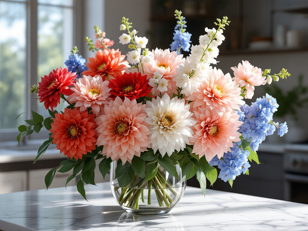 Dahlias typically have a robust structure; therefore, they should be placed strategically among taller, thin flowers, such as snapdragons or delphiniums