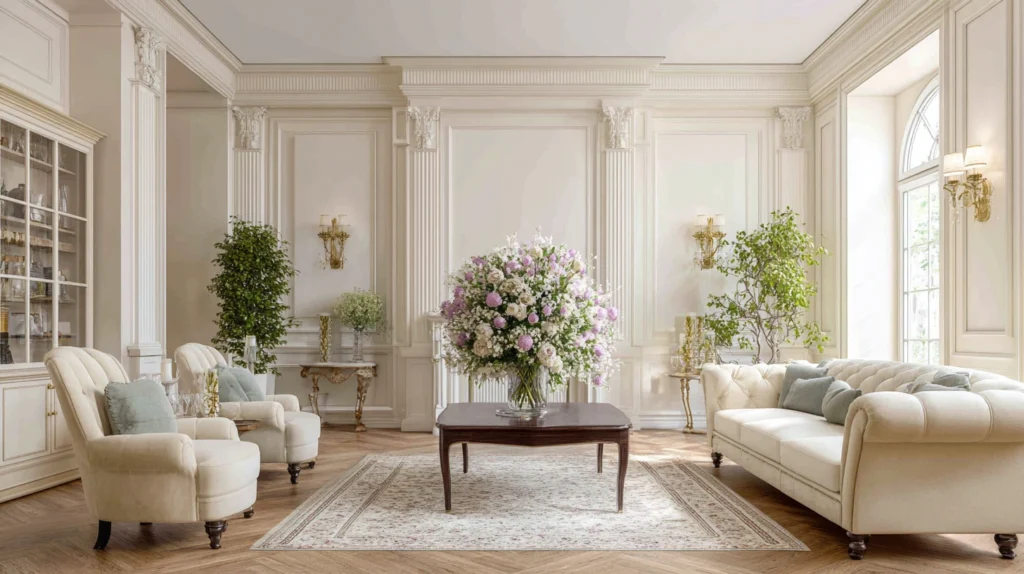 Living Room Classic Style Interior Design and Perfect Flower Arrangements