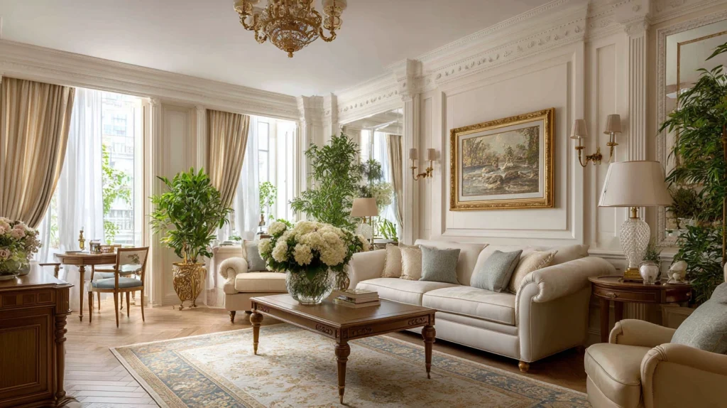 Living Room Classic Style Interior Design and Perfect Flower Arrangements