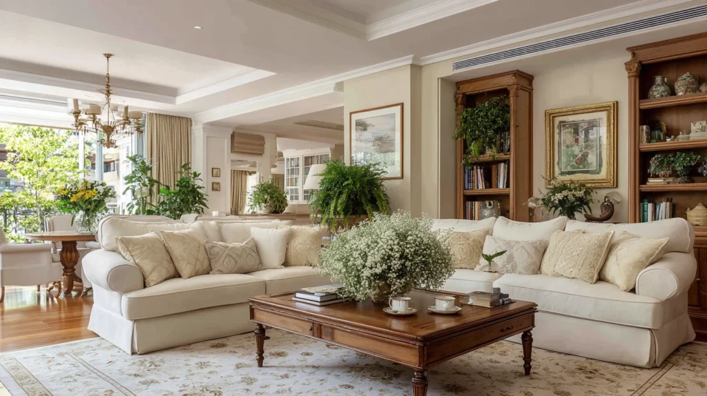 Living Room Classic Style Interior Design and Perfect Flower Arrangements