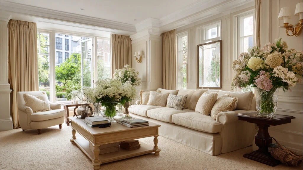 Living Room Classic Style Interior Design and Perfect Flower Arrangements