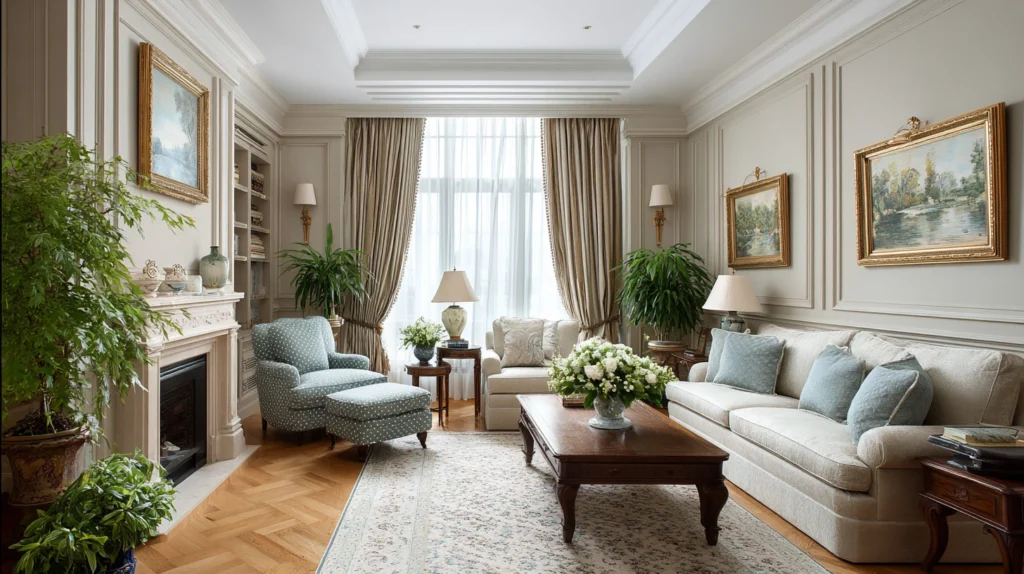 Living Room Classic Style Interior Design and Perfect Flower Arrangements