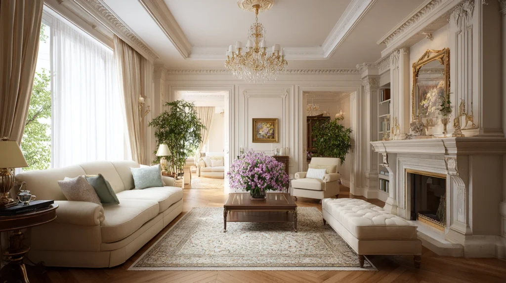 Living Room Classic Style Interior Design and Perfect Flower Arrangements